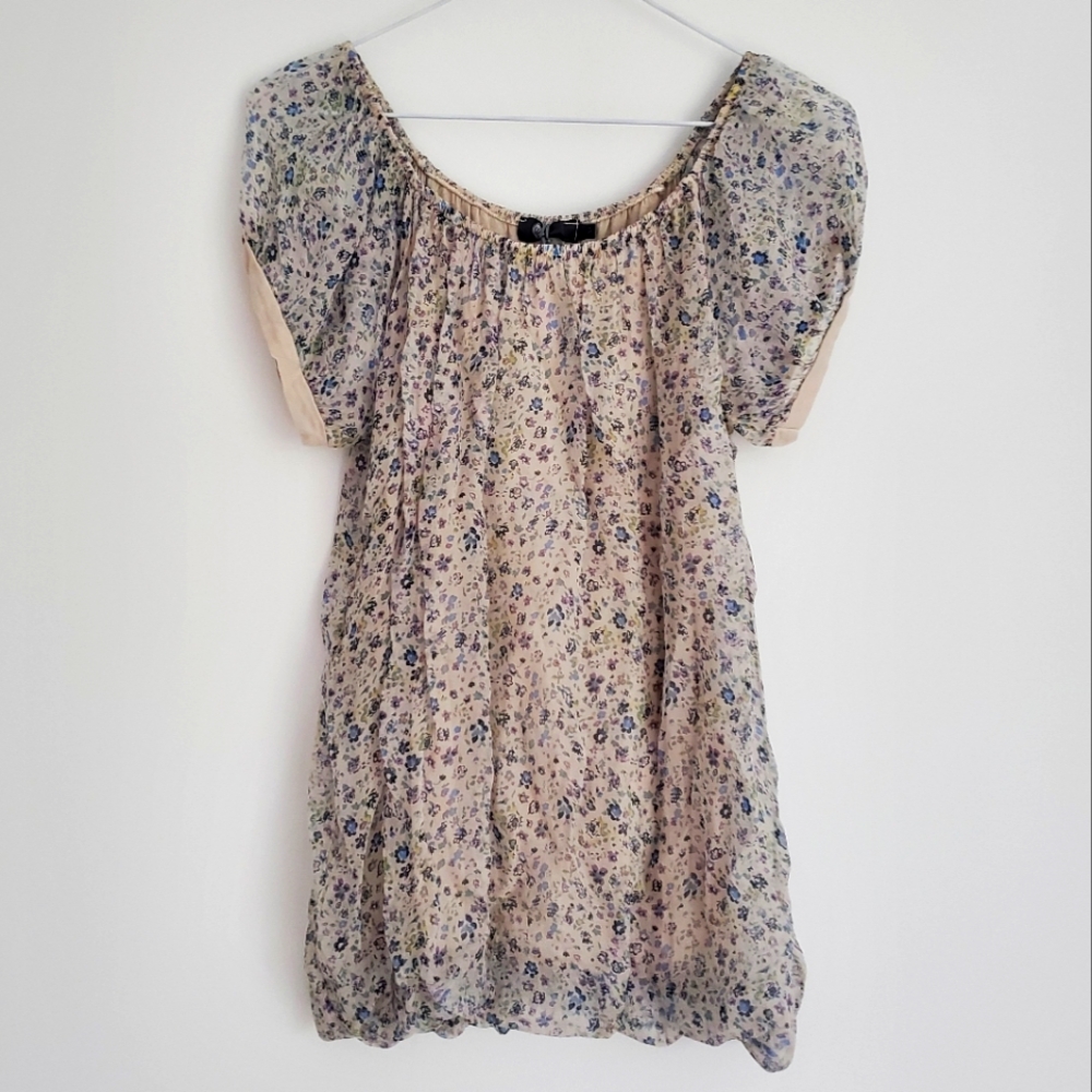 ITALIAN SILK Floral Sheer Blouse Top Cap Sleeves Round Neckline Soft Lined Sz S